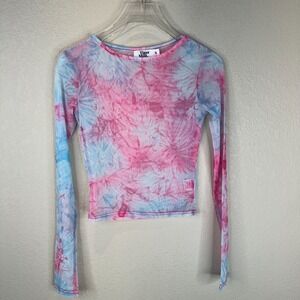 Tiger Mist Lilly Crop Top Size Small S Pink/Blue Tie Dye Mesh Long‎ Sleeve Sheer